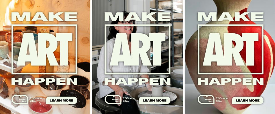 Image (L) Clarinda Clayworkers, VIC (C) Bruna Rodwell, Glaze Galleria, NSW; photo: Hande Renshaw; (R) the work of Megan Glass Ceramics, WA; photo: artist;