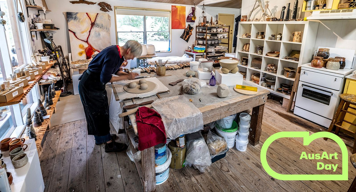 Sue Acheson at work in her studio in West Gippsland, Gunaikurnai country